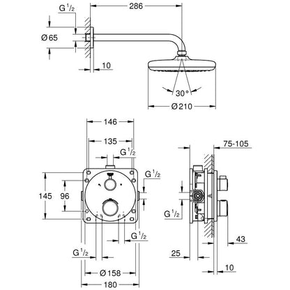 Sistem dus incastrat cu termostat Grohe Grohtherm Perfect Tempesta 210, fara para dus de mana, baterie rotunda