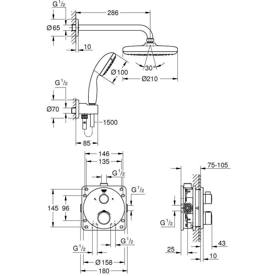 Sistem dus incastrat cu termostat Grohe Grohtherm Perfect Tempesta 210, baterie rotunda