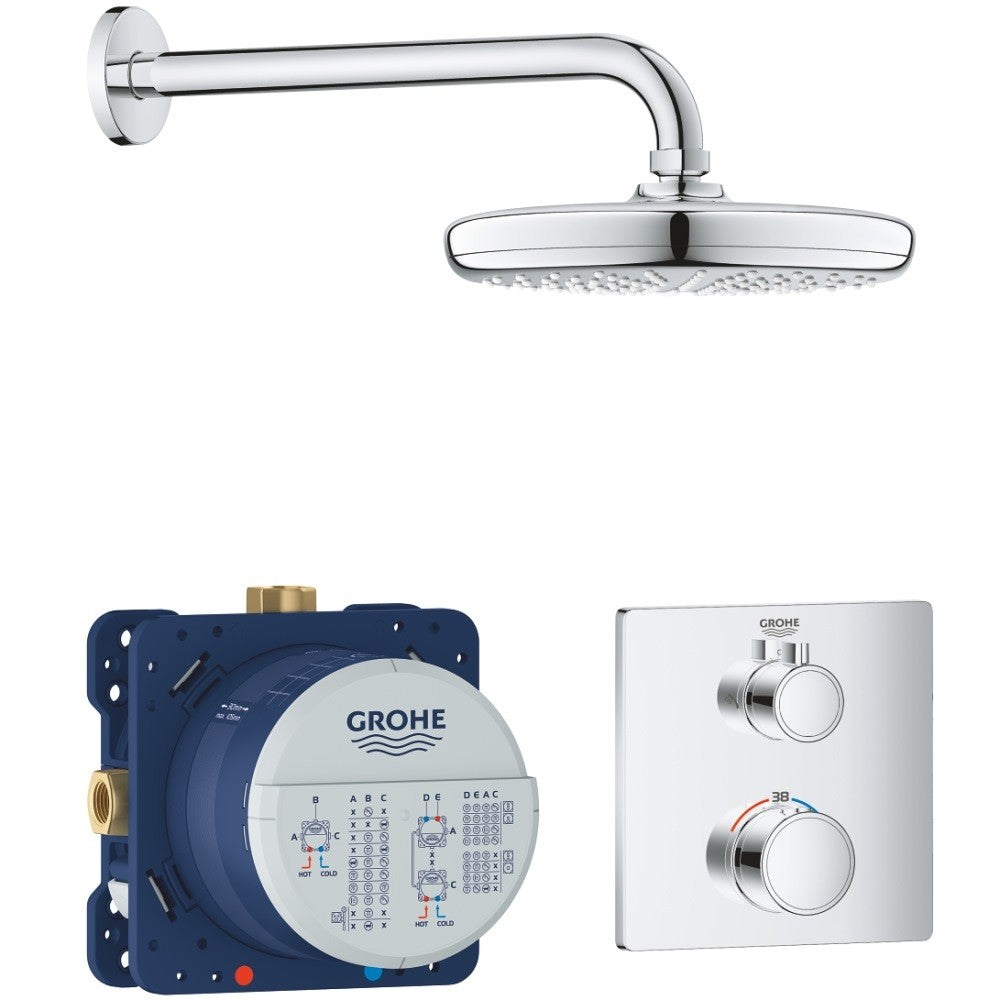 Sistem dus incastrat cu termostat Grohe Grohtherm Perfect Tempesta 210, fara para dus de mana, baterie patrata