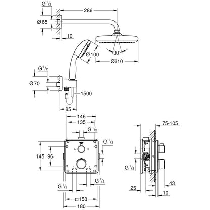 Sistem dus incastrat cu termostat Grohe Grohtherm Perfect Tempesta 210, baterie patrata