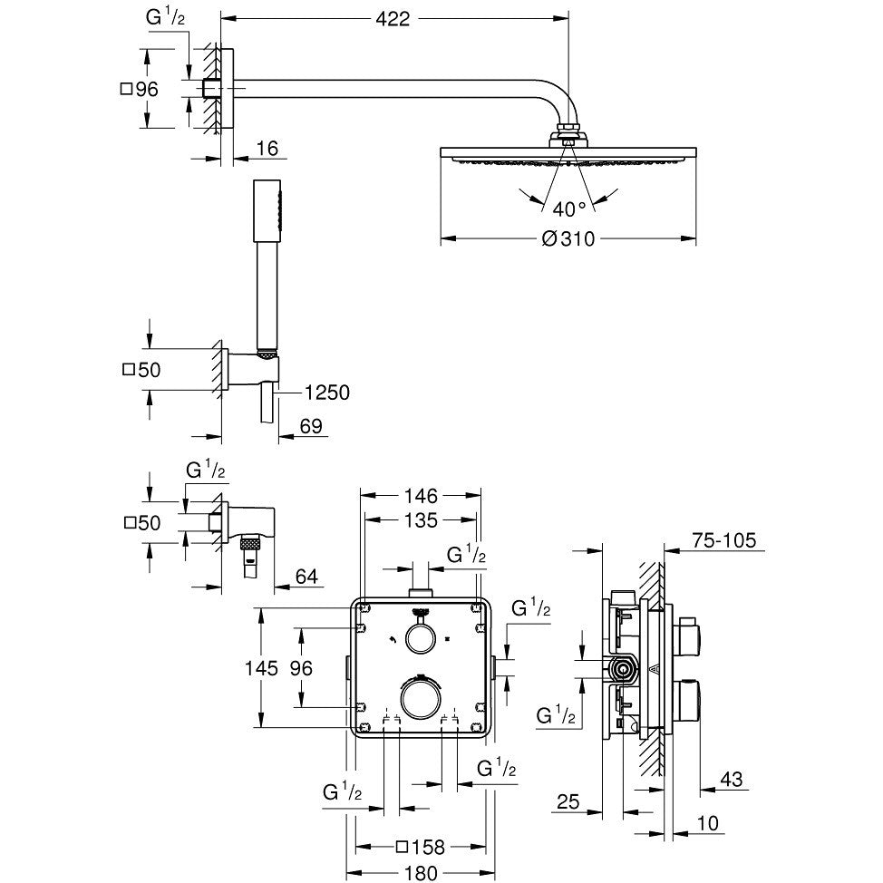 Sistem dus incastrat cu termostat Grohe Grohtherm Cosmopolitan 310, baterie patrata