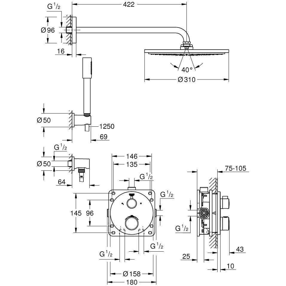 Sistem dus incastrat cu termostat Grohe Grohtherm Cosmopolitan 310, baterie rotunda
