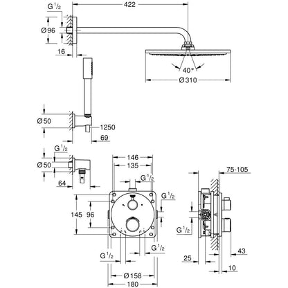 Sistem dus incastrat cu termostat Grohe Grohtherm Cosmopolitan 310, baterie rotunda
