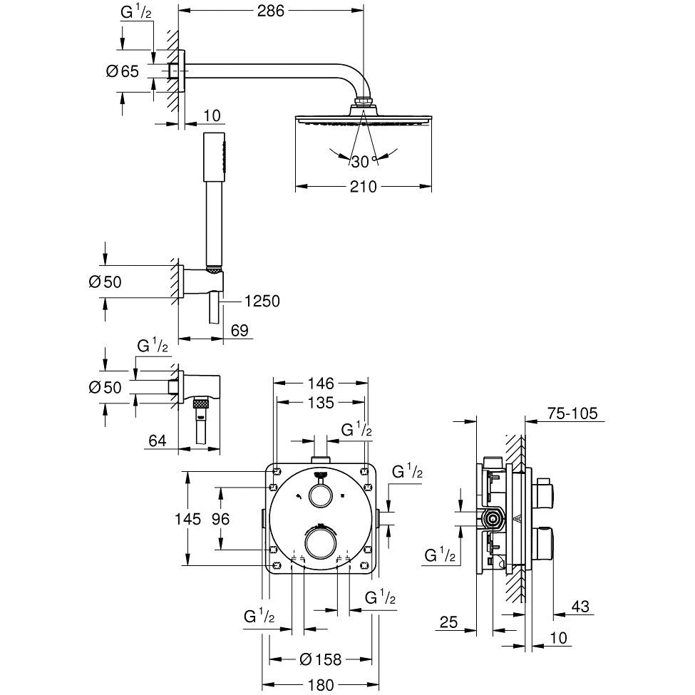 Sistem dus incastrat cu termostat Grohe Grohtherm Cosmopolitan 210, baterie rotunda