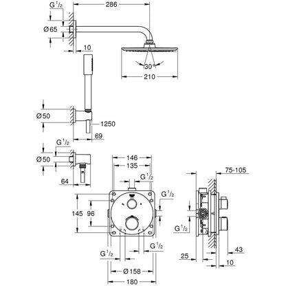 Sistem dus incastrat cu termostat Grohe Grohtherm Cosmopolitan 210, baterie rotunda