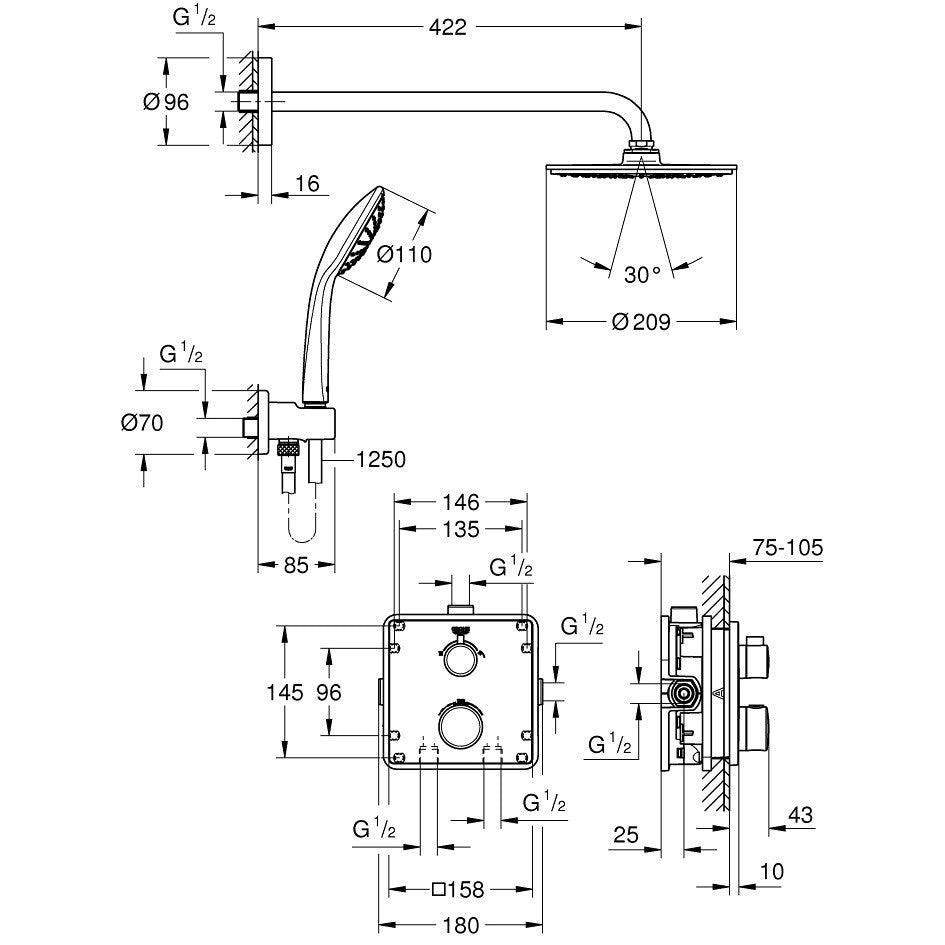 Sistem dus incastrat cu termostat Grohe Grohtherm Cosmopolitan 210, baterie patrata