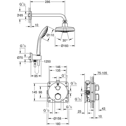 Sistem dus incastrat cu termostat Grohe Grohtherm Cosmopolitan 160, baterie rotunda