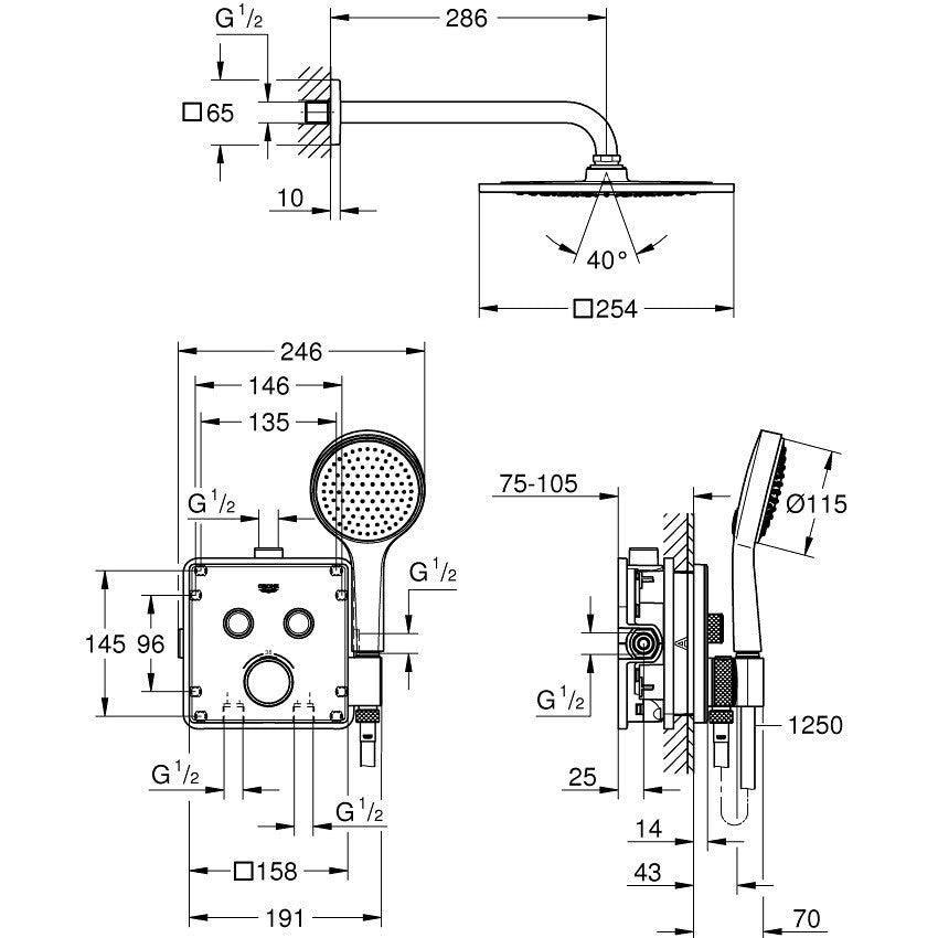 Sistem dus incastrat cu termostat Grohe Grohtherm Cosmopolitan SmartControl, baterie patrata