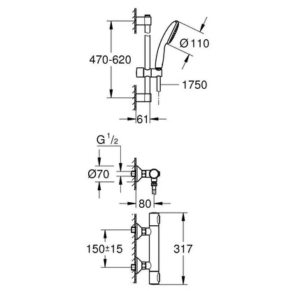 Grohe Grohtherm 500 Baterie dus cu termostat si set de dus cu bara 62 cm, crom
