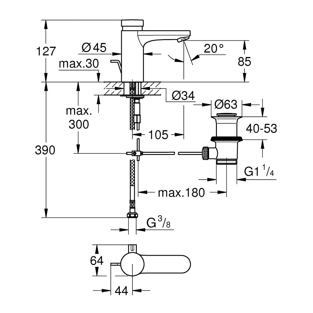 Grohe Eurosmart Cosmopolitan T Baterie lavoar cu temporizare, ventil pop-up