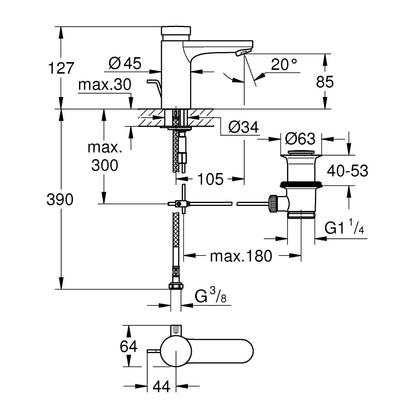 Grohe Eurosmart Cosmopolitan T Baterie lavoar cu temporizare, ventil pop-up