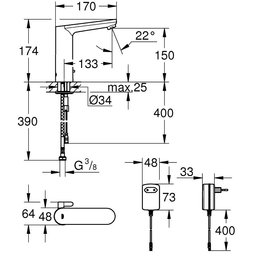 Grohe Eurosmart Cosmopolitan E Baterie lavoar electronica cu mixare apa, alimentare 230V