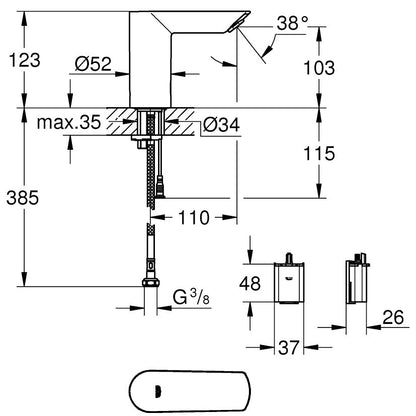 Grohe Bau Cosmopolitan E Baterie lavoar electronica fara mixare apa, alimentare baterii