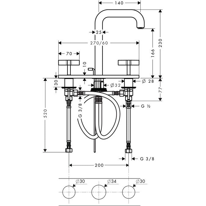 Baterie lavoar Hansgrohe Axor Citterio 170, dubla comanda, cu suport si ventil pop-up, manere cruce