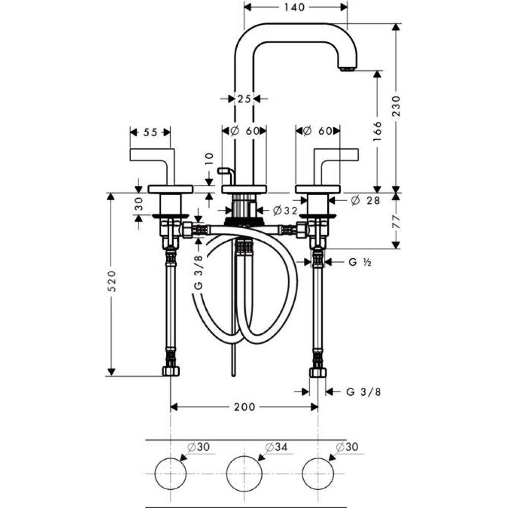 Baterie lavoar Hansgrohe Axor Citterio 170, dubla comanda, cu ventil pop-up, manere tip L