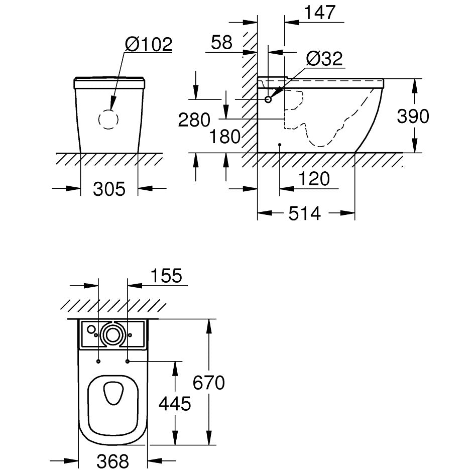 Vas WC pe pardoseala Grohe Euro Ceramic Rimless 37x67 cm evacuare orizontala
