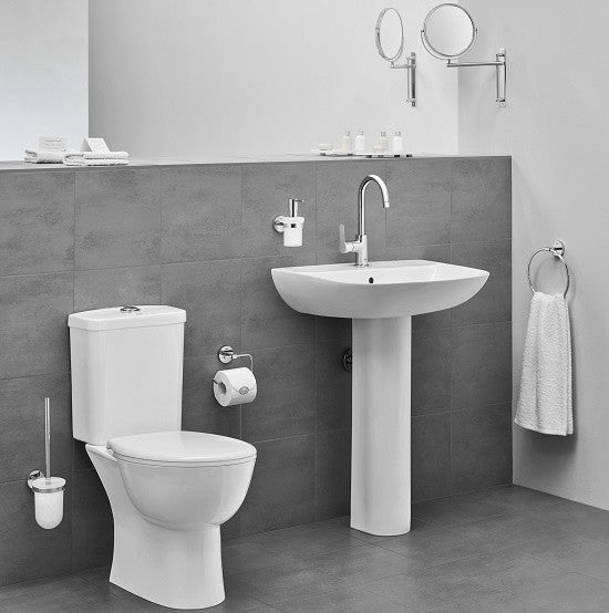 Set Vas WC pe pardoseala cu rezervor aparent si capac soft close Grohe Bau Ceramic Rimless 36x70 cm evacuare verticala