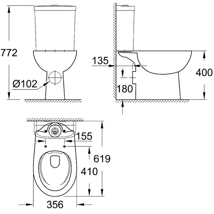 Vas WC pe pardoseala Grohe Bau Ceramic Rimless 36x62 cm evacuare orizontala sau verticala
