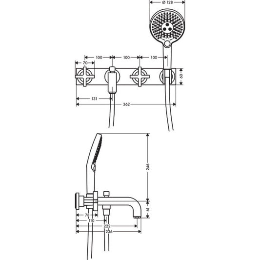 Hansgrohe Axor Citterio Baterie cada dus cu 3 gauri cu placa, montaj pe perete, manere cruce