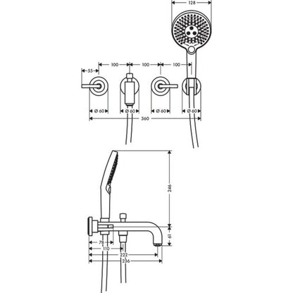 Hansgrohe Axor Citterio Baterie cada dus cu 3 gauri, montaj pe perete, manere drepte