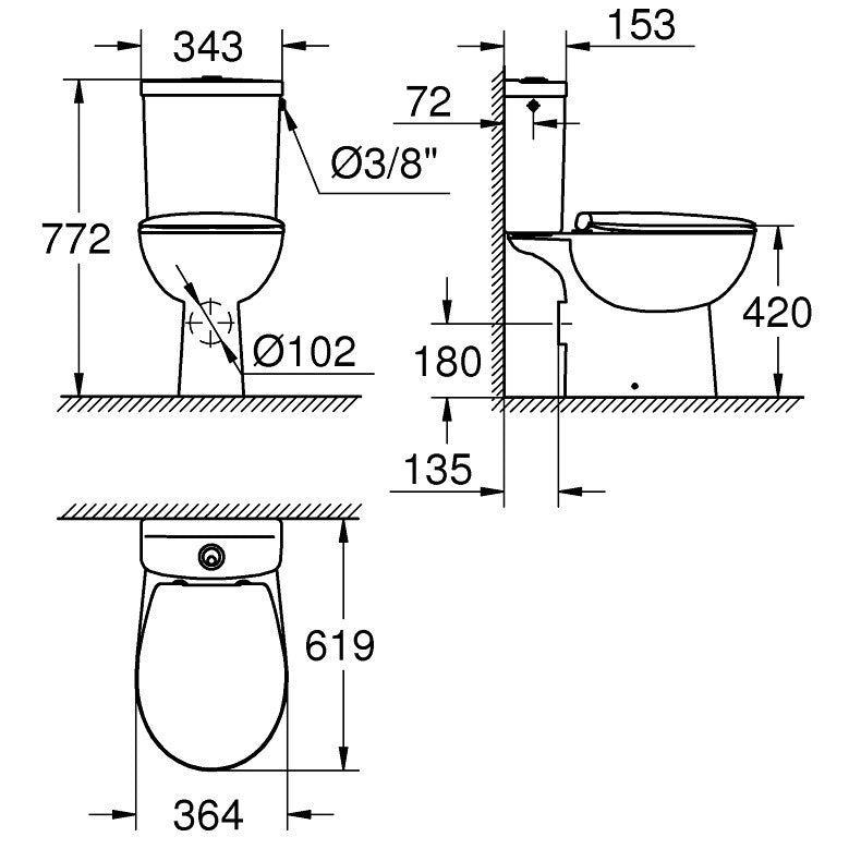 Set Vas WC pe pardoseala cu rezervor aparent si capac soft close Grohe Bau Ceramic Rimless 36x62 cm evacuare orizontala