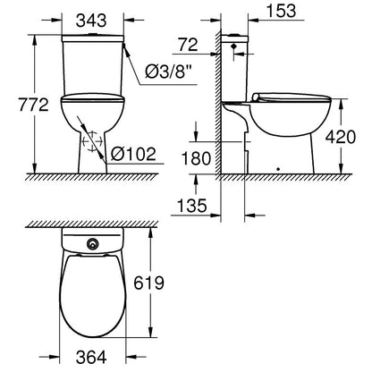 Set Vas WC pe pardoseala cu rezervor aparent si capac soft close Grohe Bau Ceramic Rimless 36x62 cm evacuare orizontala