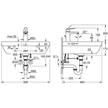 Set complet lavoar baie suspendat Grohe Euro Ceramic/Eurosmart Cosmopolitan 59.5x48 cm, cu baterie, sifon si robineti coltar