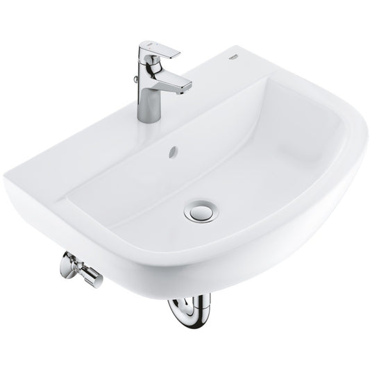 Set complet lavoar baie suspendat Grohe Bau Ceramic/BauFlow 60.9x44 cm, cu baterie, sifon si robineti coltar