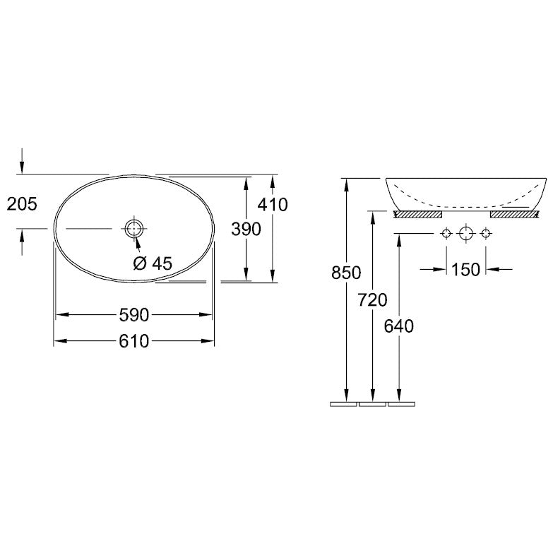 Lavoar baie pe blat, oval Villeroy & Boch Artis 61x41 cm, optional bicolor