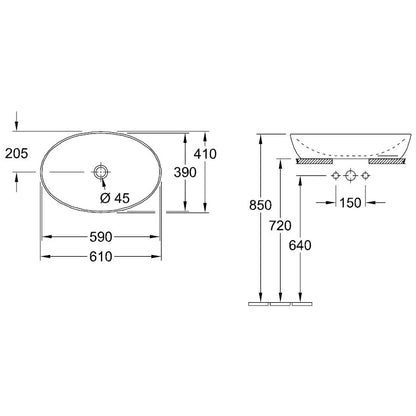 Lavoar baie pe blat, oval Villeroy & Boch Artis 61x41 cm, optional bicolor