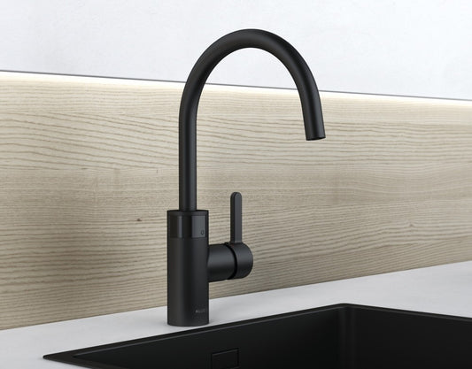 Kludi E-Go Baterie chiuveta bucatarie monocomanda electronica H38 cm, alimentare transformator 230V, negru mat