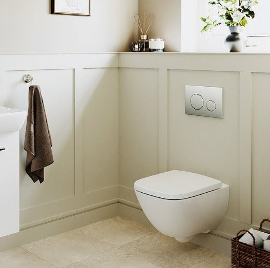 Set Promo Vas WC suspendat cu rezervor incastrat, clapeta de actionare alba, capac soft close, Geberit Delta si Selnova Square Rimfree 36x52 cm