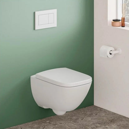 Set Promo Vas WC suspendat cu rezervor incastrat, clapeta de actionare alba, capac soft close, Geberit Delta si Selnova Square Rimfree 36x52 cm