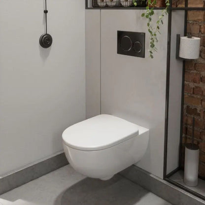 Set Promo Vas WC suspendat cu rezervor incastrat, clapeta de actionare alba, capac soft close, Geberit Delta si Selnova Round Rimfree 36x53 cm