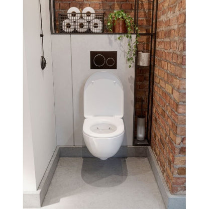 Set Promo Vas WC suspendat cu rezervor incastrat, clapeta de actionare alba, capac soft close, Geberit Delta si Selnova Round Rimfree 36x53 cm