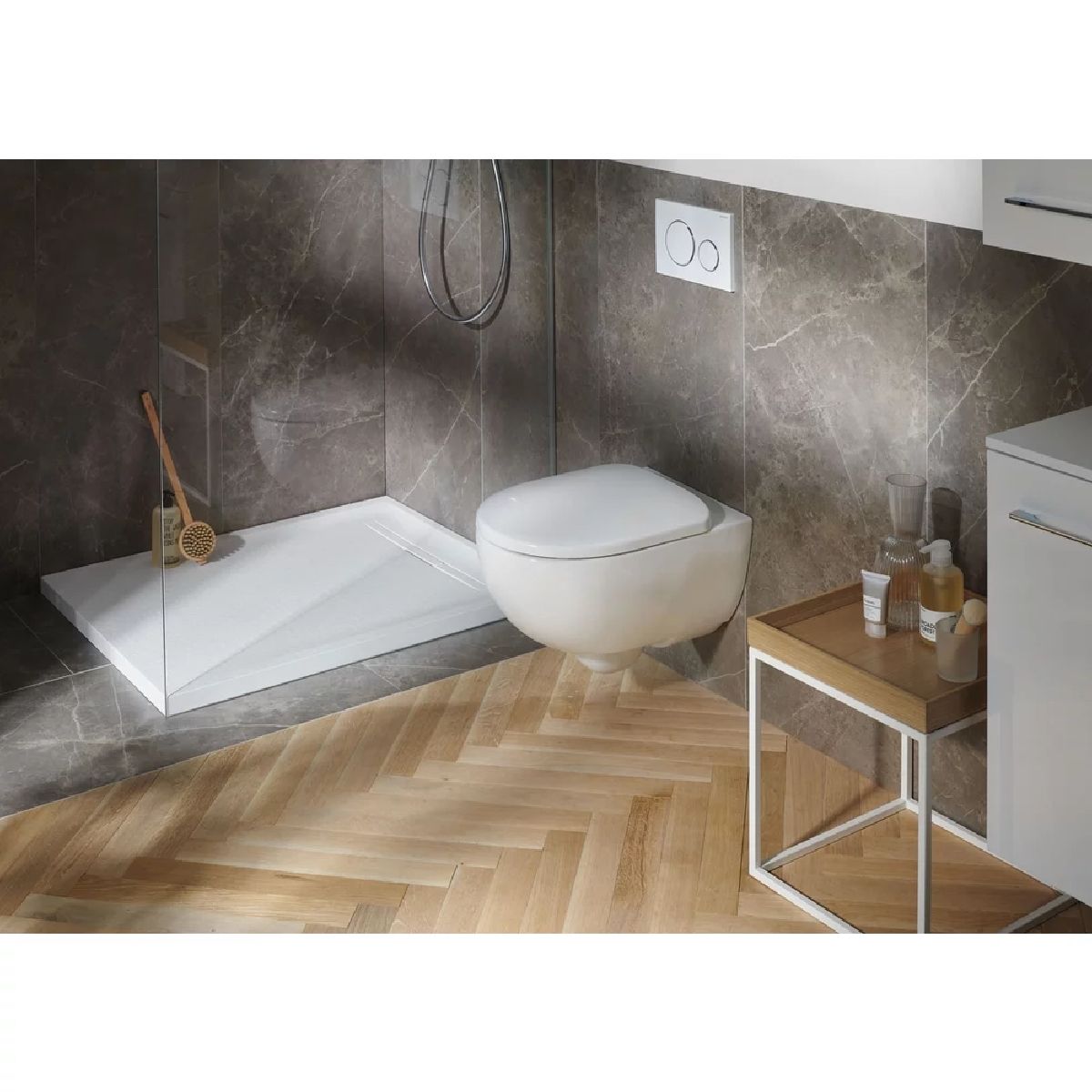 Set Promo Vas WC suspendat cu rezervor incastrat, clapeta de actionare alba, capac soft close, Geberit Delta si Selnova Round Rimfree 36x53 cm