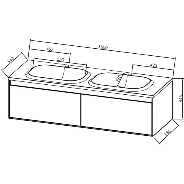 Set mobilier baie dublu (masca 2 sertare si lavoar) Kolpa San Pandora 150x54xH41 cm, negru (black stone)