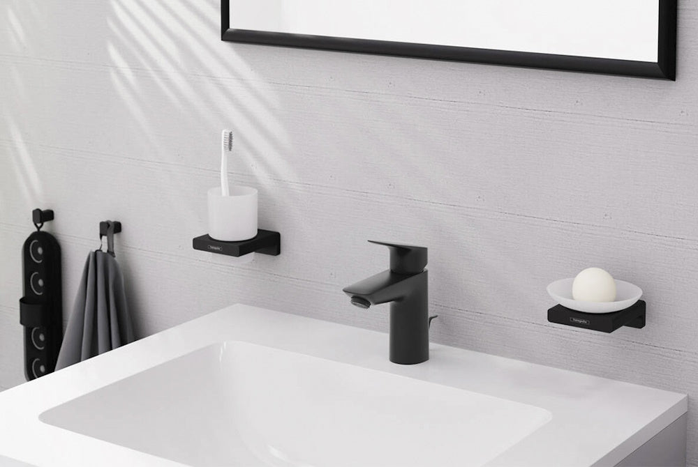 Baterie lavoar Hansgrohe Logis 100, cu ventil pop-up, negru mat