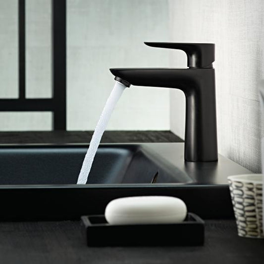Baterie lavoar neagra mat Hansgrohe Talis E 110, cu ventil metalic pop-up