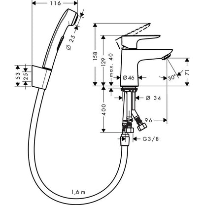 Baterie lavoar cu dus igienic Hansgrohe Talis E, cu ventil click-clack