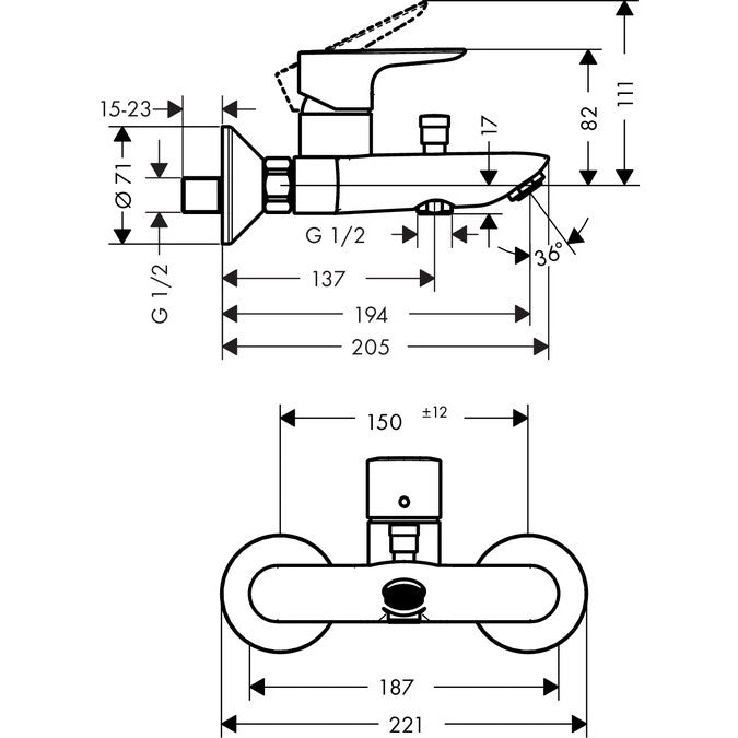 Hansgrohe Talis E Baterie cada dus, pipa 19mm