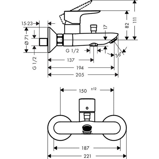 Hansgrohe Talis E Baterie cada dus, pipa 19mm