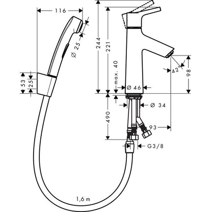 Baterie lavoar cu dus igienic Hansgrohe Talis S, cu ventil click-clack