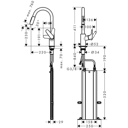Hansgrohe Focus M41 Baterie chiuveta bucatarie monocomanda cu dus extractibil, crom
