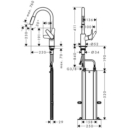 Hansgrohe Focus M41 Baterie chiuveta bucatarie monocomanda cu dus extractibil, aspect inox