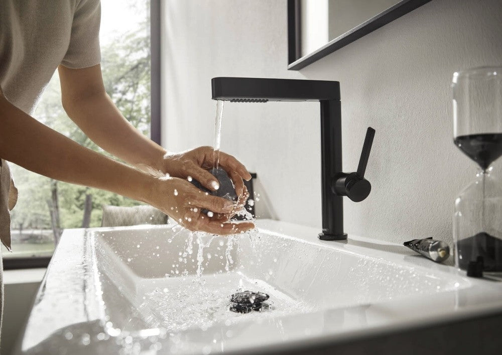 Baterie chiuveta baie pe blat neagra mat Hansgrohe Finoris, cu ventil H23 cm