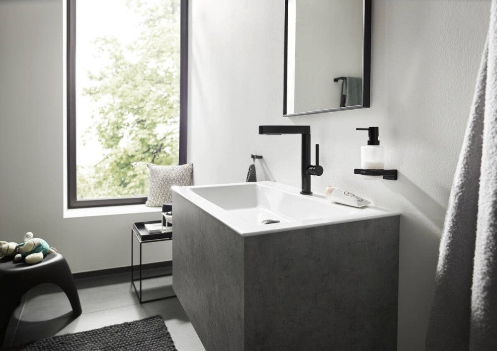 Baterie chiuveta baie pe blat neagra mat Hansgrohe Finoris, cu ventil H23 cm