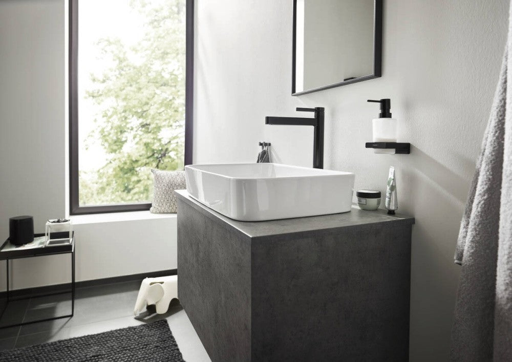 Baterie lavoar pe blat neagra mat Hansgrohe Finoris, cu ventil H33 cm