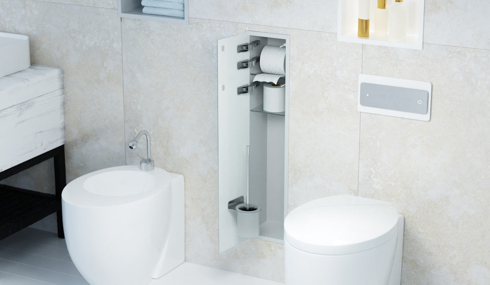 Bemeta Plate Nisa perete baie cu suport hartie igienica/perie WC 2 usi din sticla, alb/oglinda