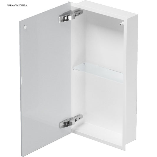 Bemeta Nisa perete baie 32x10xH62 cm cu 1 raft din sticla si usa, alb/oglinda
